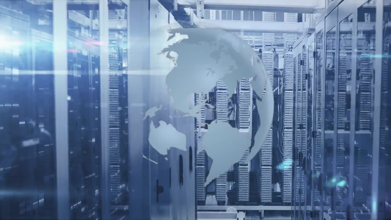 컴퓨터 서버 방에 대한 회전 지구, 빛 점 및 모자이크 사각형의 애니메이션