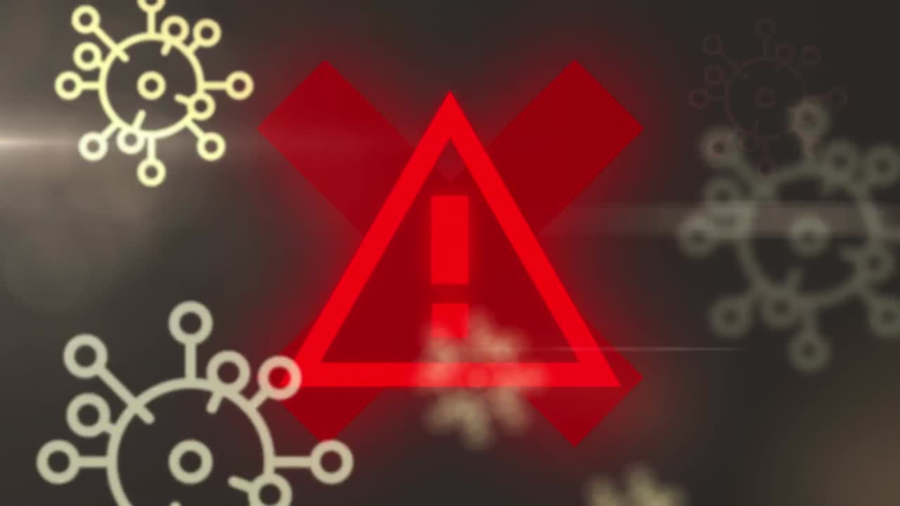 경고 표지판 검은 바탕 위에 떨어지는 코로나19 세포의 애니메이션