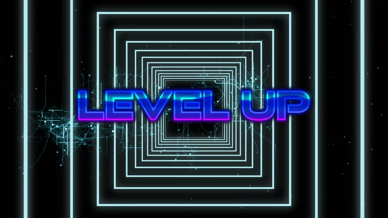 animación del texto de nivel en letras brillantes sobre el túnel geométrico de neón