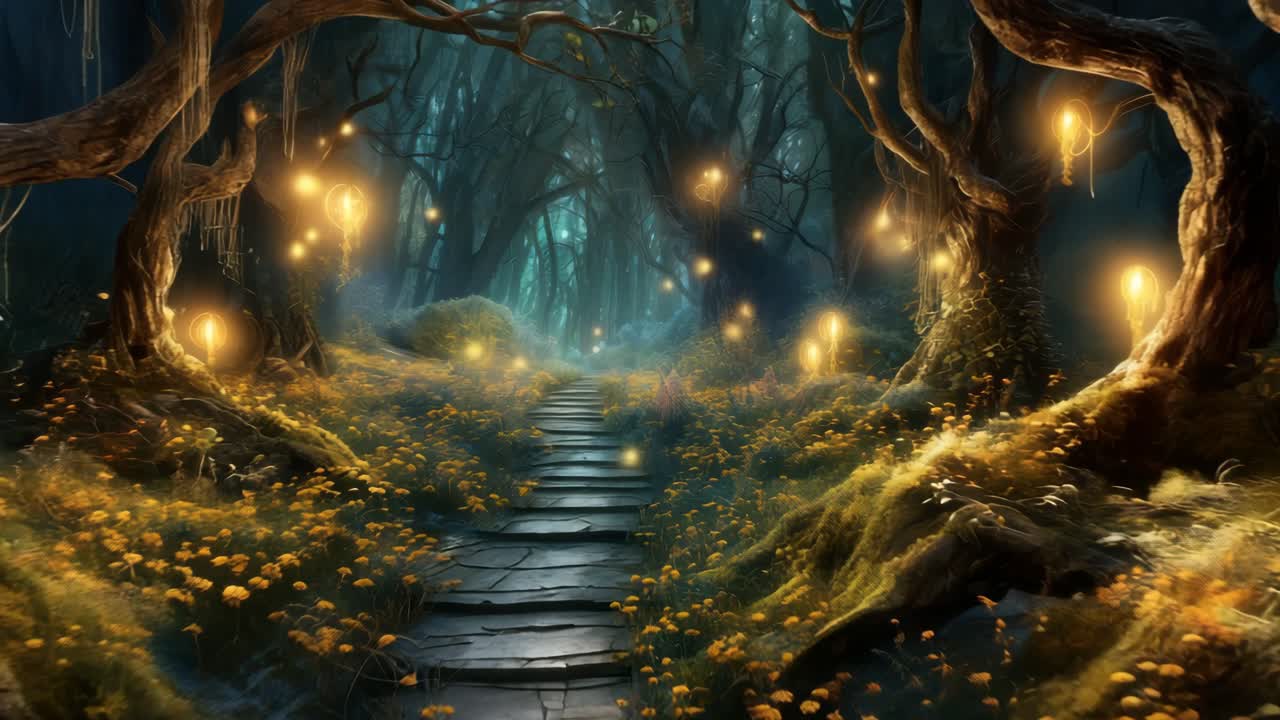 Enchanted forest scene with glowing orbs and a winding path. Captured from a low angle, perfect