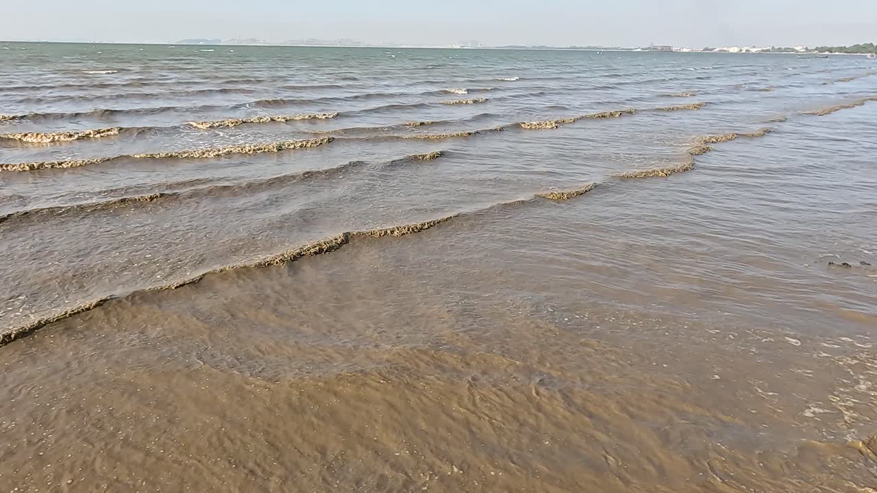 조용한 파도가 모래 연안을 부드럽게 고