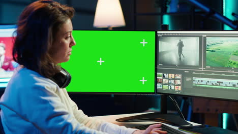 Video-editor-analyzing-film-montage-on-isolated-screen-display,-editing-color