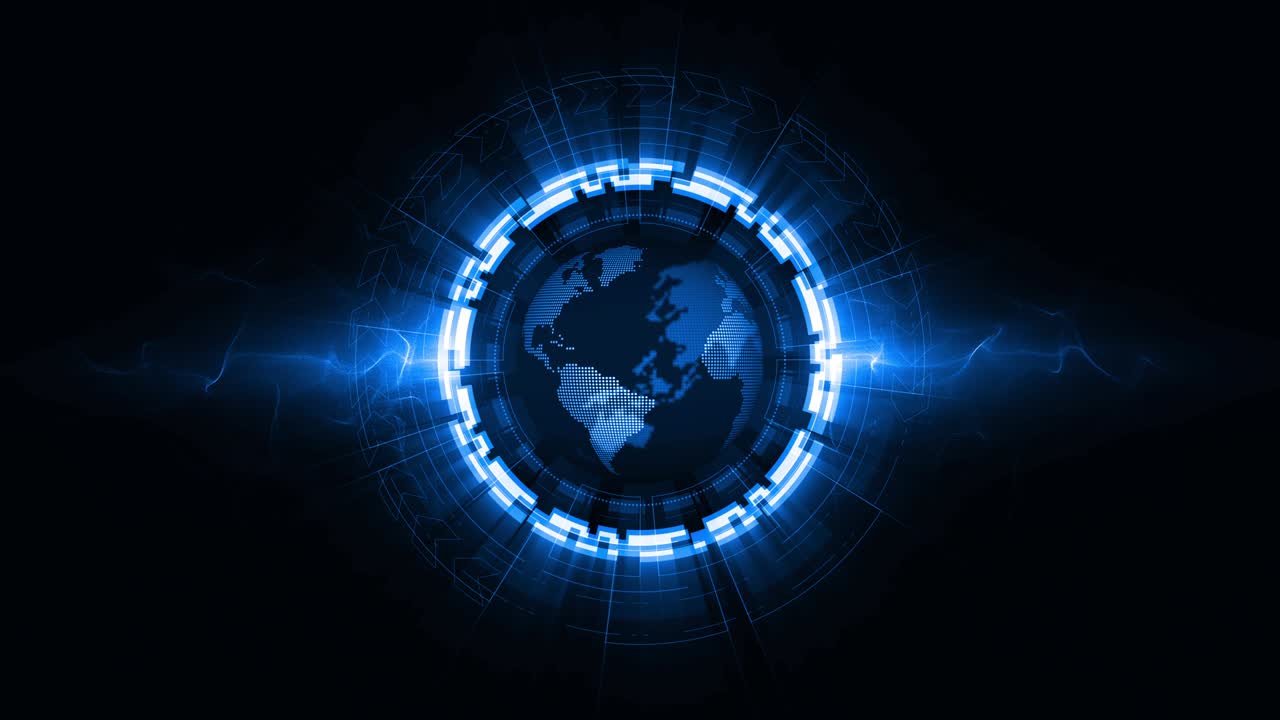 Motion graphic af blå cirkelrotation med jordens futuristiske teknologi abstrakt baggrund