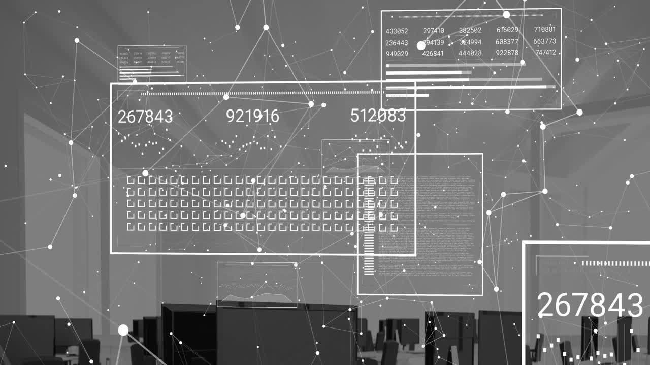 Animation of changing numbers, loading bars and squares, connected dots against desktops in office