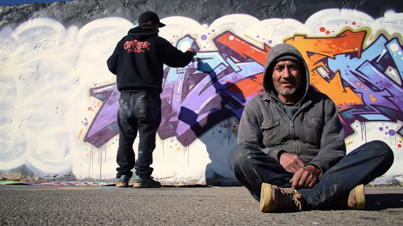 Two artists engage in a creative process within a city park. One is painting a large graffiti mural against a colorful wall, while the other sits nearby, observing the artistic display.