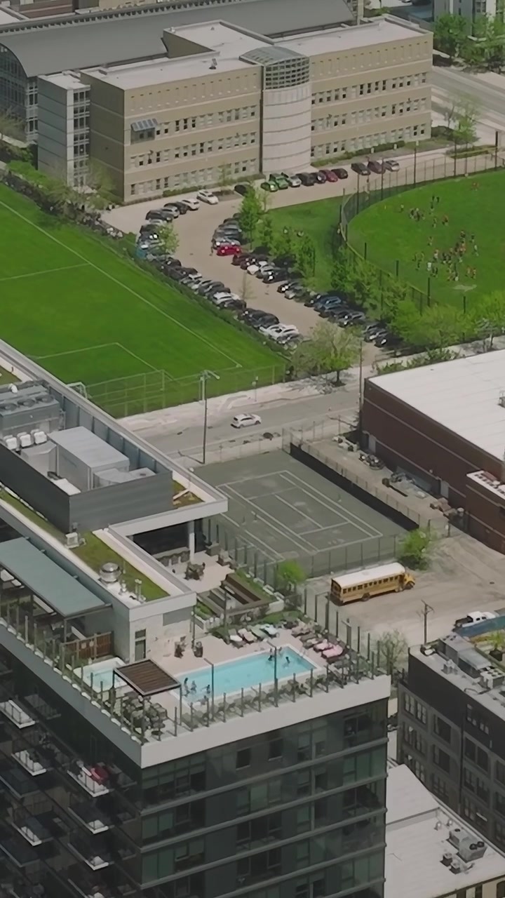 Aerial view of parks and sports fields in Chicago, USA