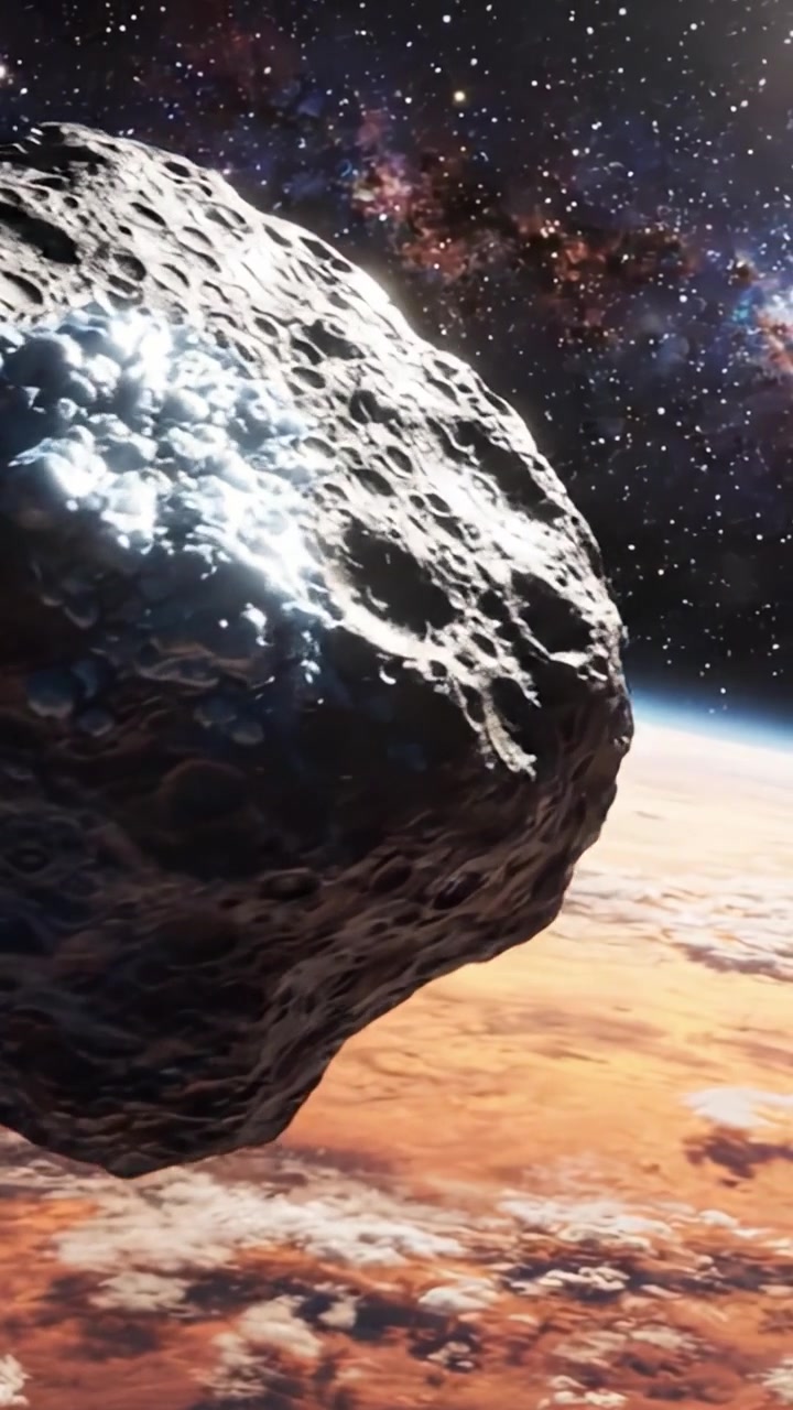 Un viaggio cosmico nello spazio: esplorando la maestosa interazione tra un asteroide e l'atmosfera terrestre su uno sfondo galattico.