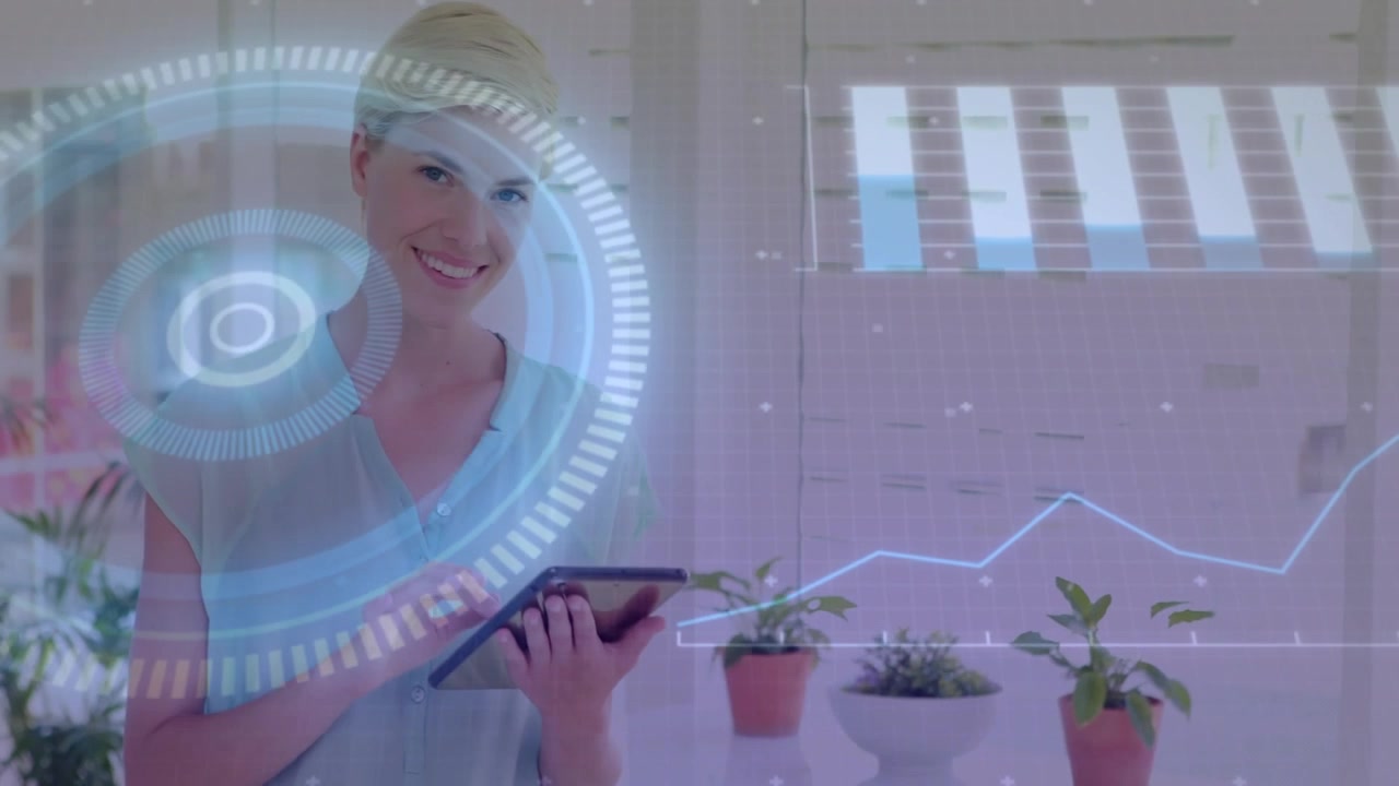 Woman tapping tablet in office, activating HUD and updating business chart while analyzing data