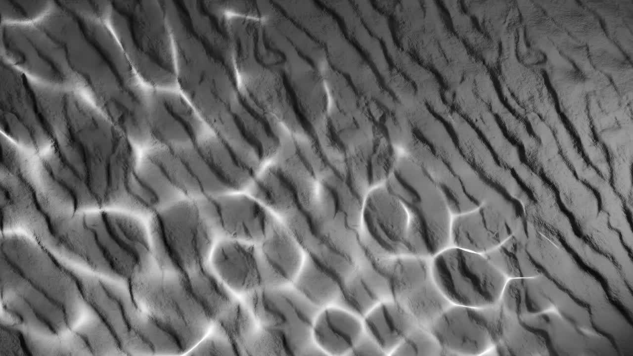 Water reflection light pattern on wrinkled black sand surface. Abstract natural overlay with wavy lines and sunlight ripple effect. Design for wallpaper, banner, postcard, greeting card, poster,