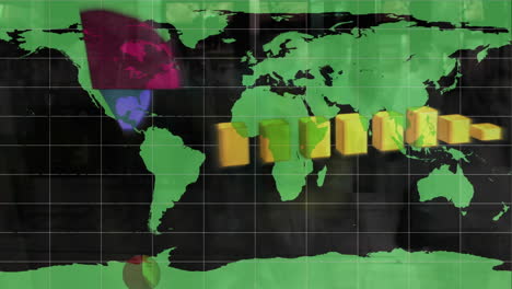 gráficos de datos creciendo en un mapa del mundo con multitud