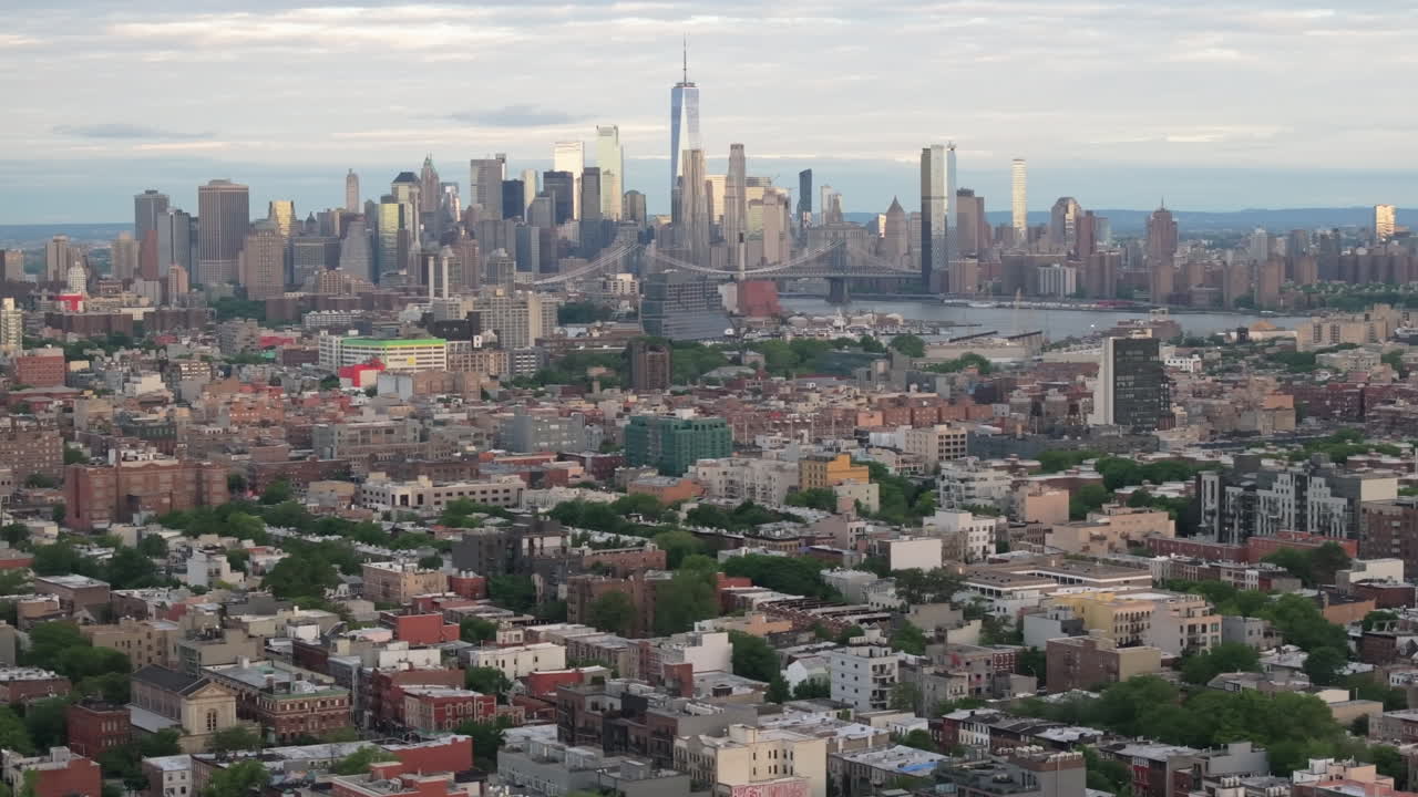 Aerial view of the New York City skyline. Shot on an overcast morning in Bedford-Stuyvesant, Brooklyn