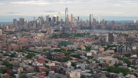 aerial view of the new york city skyline. shot on an overcast morning in bedford-stuyvesant, brooklyn