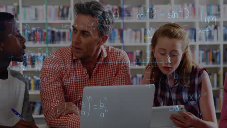 animation of mathematical equations over diverse schoolchildren with teacher in classroom