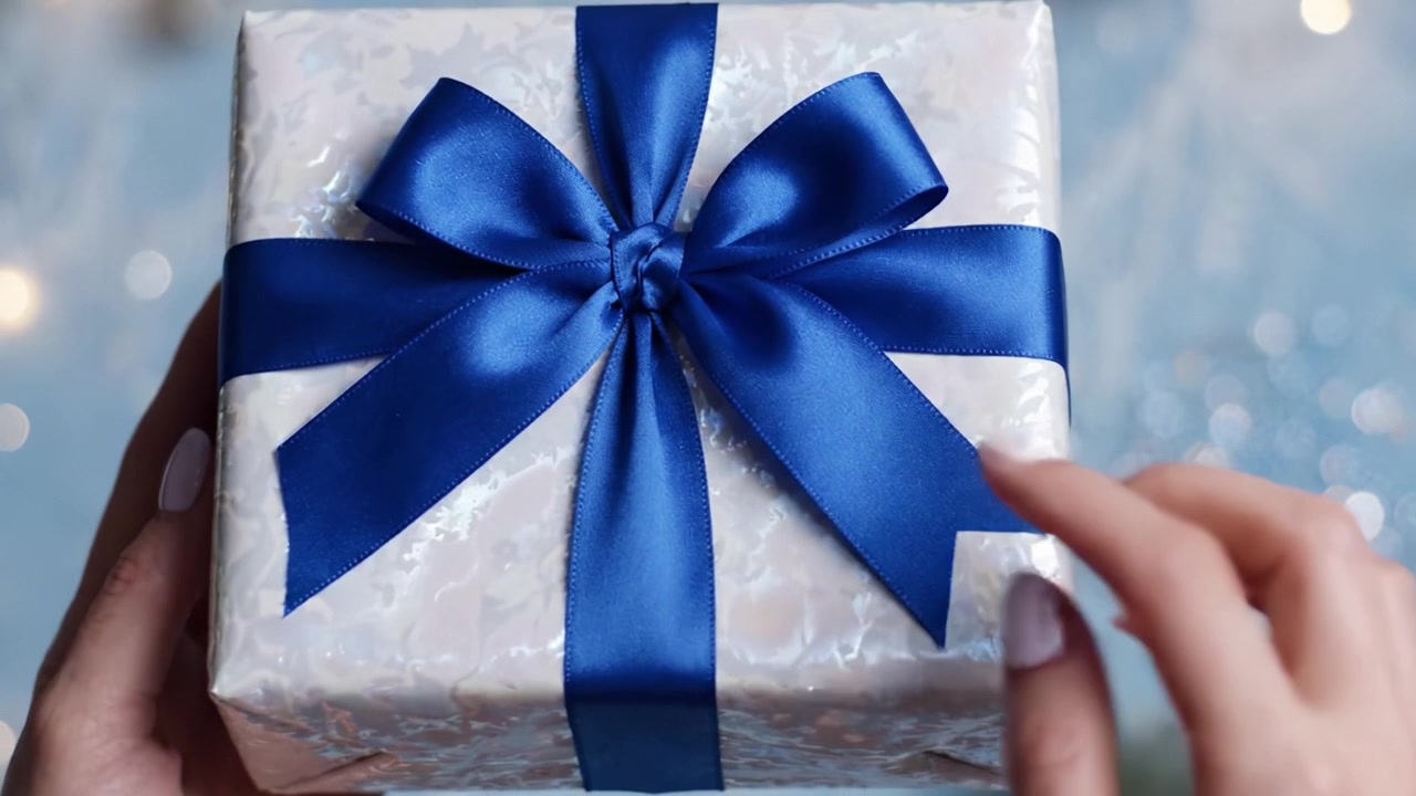 A beautifully wrapped gift box adorned with a shiny blue ribbon, held gently by hands against a softly blurred festive background, evoking feelings of celebration and joy.
