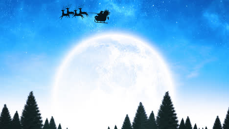 Animation-of-santa-claus-in-sleigh-with-reindeer-over-moon-and-sky