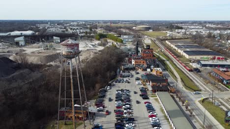 Wide-drone-shot-of-the-Pepper-Distillery-District-in-Lexington,-Kentucky