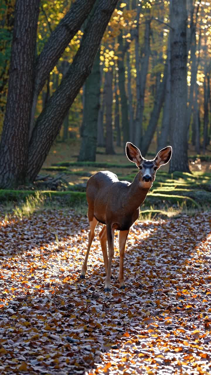 A serene forest scene with a deer standing on sunlit autumn leaves
