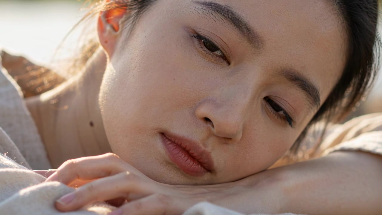 薄手のセーターを着たアジア人女性が、心地よい日差しの中で目を閉じ、腕を布地に預けて休んでいる。