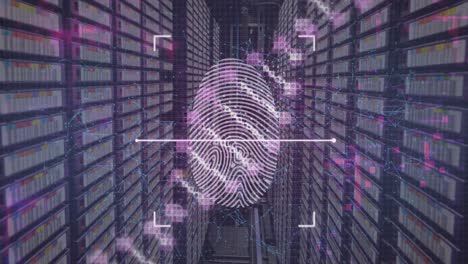 animación de la estructura de adn girando sobre el escáner biométrico de huellas dactilares contra la sala de servidores de la computadora.
