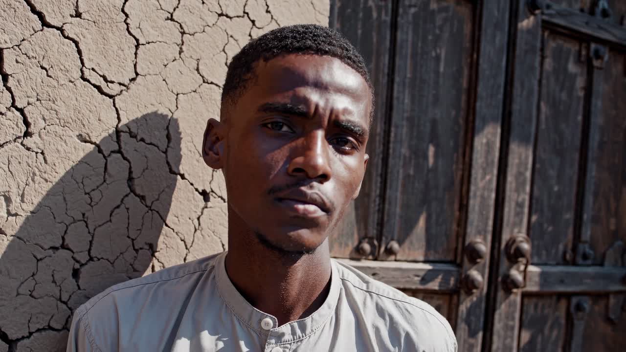 joven africano de pie contra una pared erosionada, mostrando una expresión seria con una mirada contemplativa y una iluminación de estilo documental natural