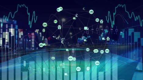 Animation-of-financial-data-processing-with-icons-over-cityscape