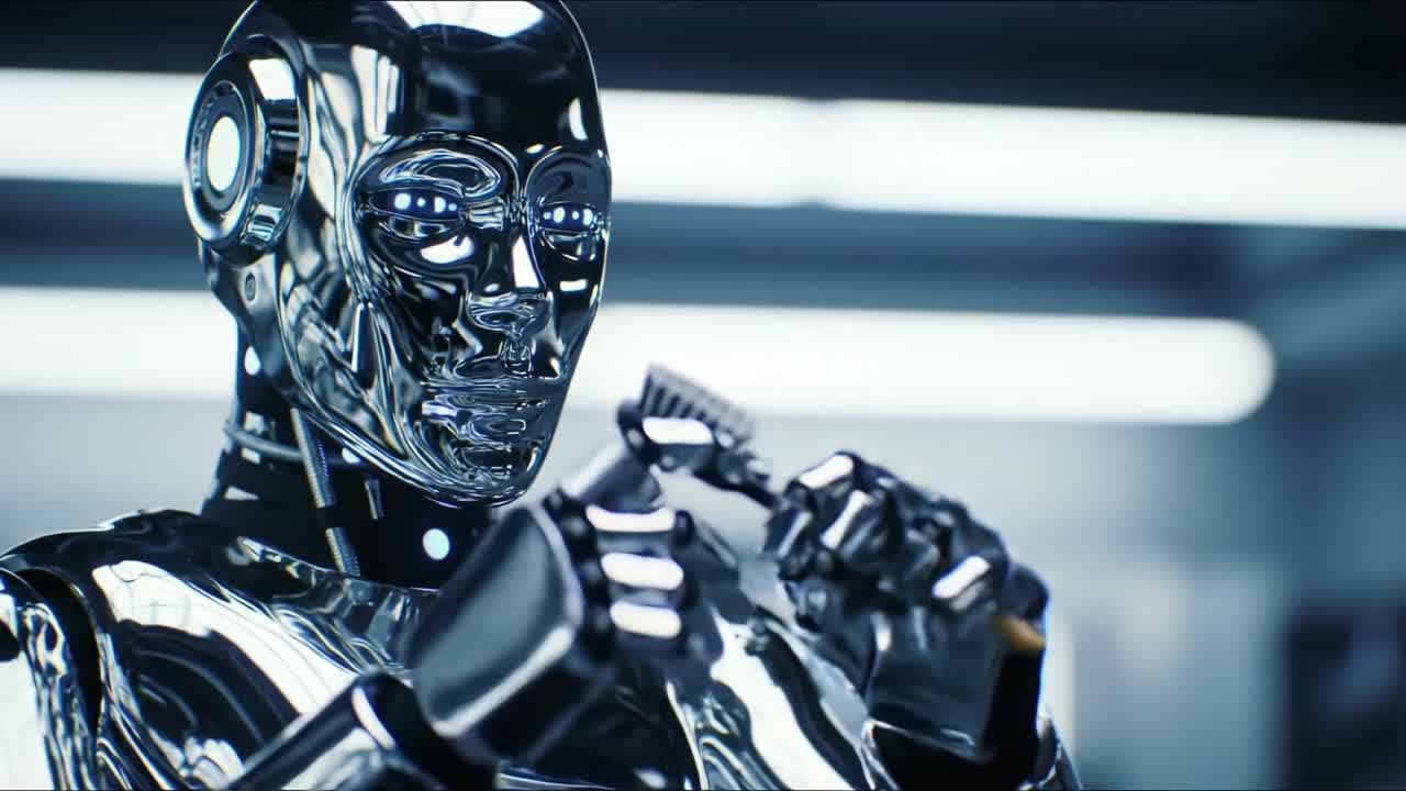 Exploring the Intersection of Technology and Self-Care: A Futuristic Robot Engages with a Toothbrush in a High-Tech Environment