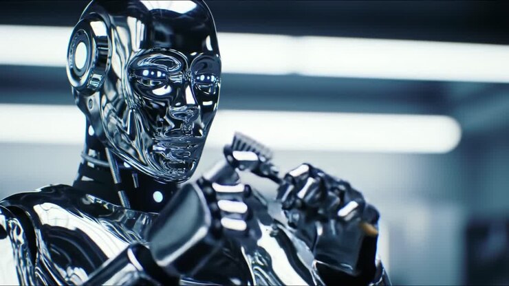 Esplorando l'intersezione tra tecnologia e cura di sé: un robot futuristico interagisce con uno spazzolino da denti in un ambiente high-tech