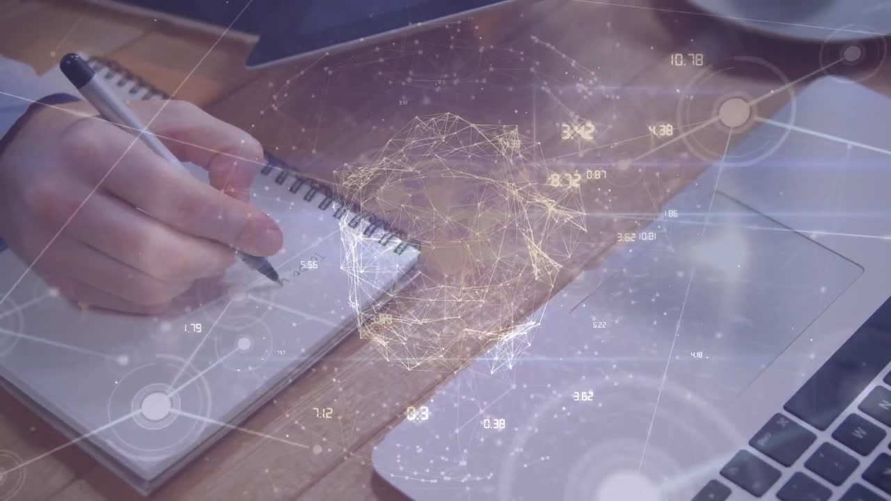 Animation of network of connections and data processing over caucasian businessman taking notes