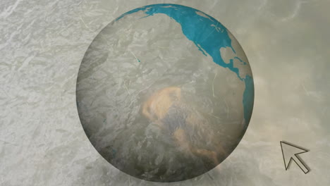 animation of rotating globe with blue continents over textured background