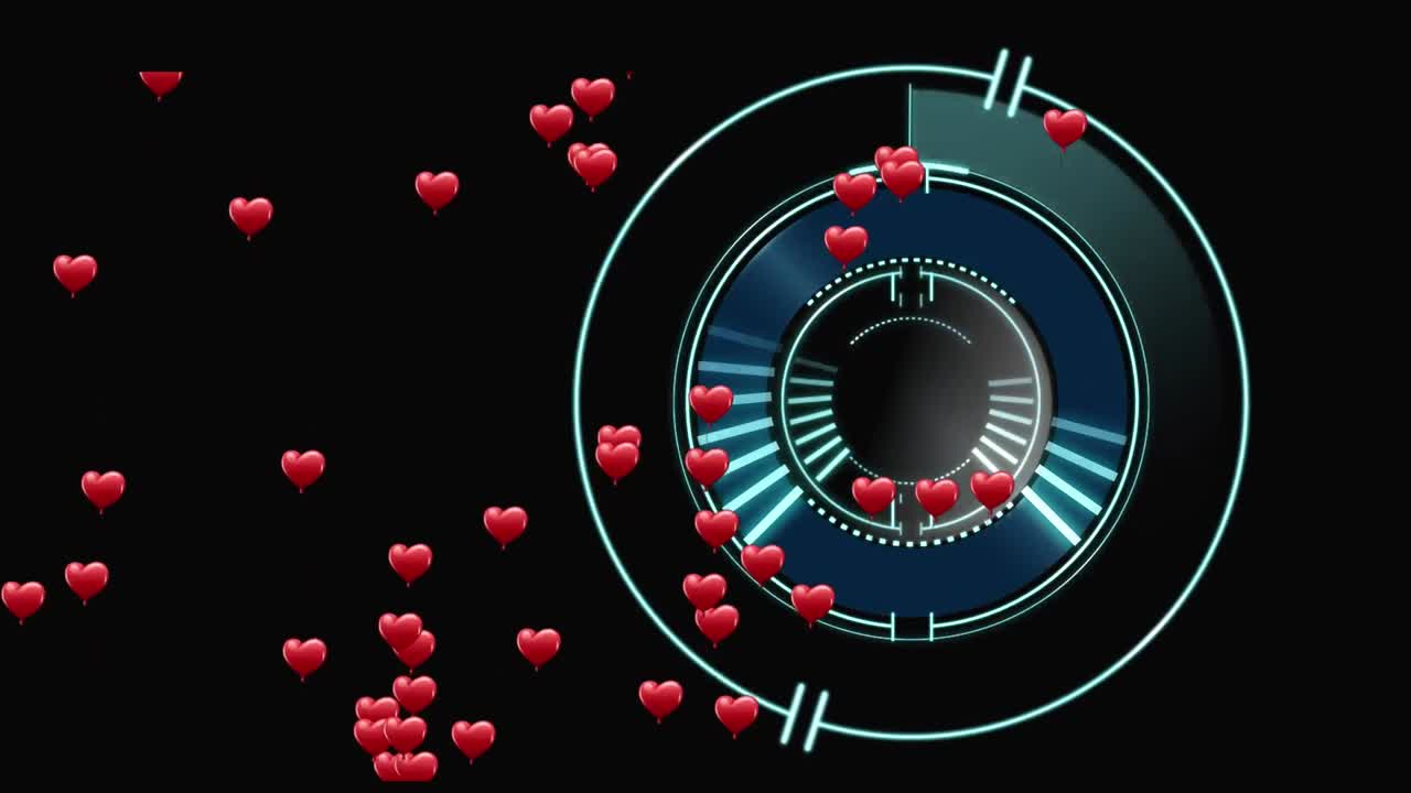 animación de corazones sobre escaneo de alcance en fondo negro