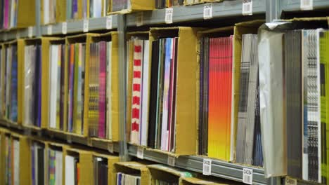 discografías de vinilo en cajas y colocadas en estanterías listas para reabastecerse muy organizadas numéricamente y ordenadas alfabéticamente dentro de un almacén que es un distribuidor para artistas masculinos que toman un álbum