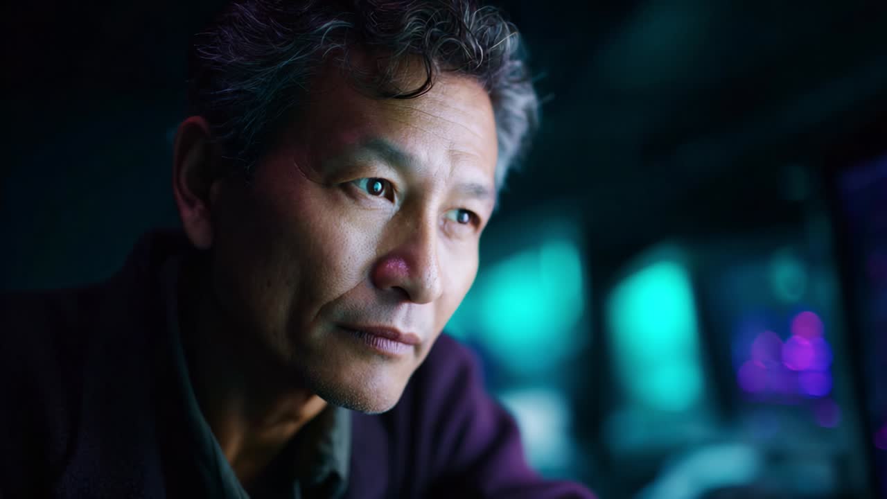 A contemplative man deep in thought, examining the complexities of digital landscapes, blending emotion with technology as he reflects on challenges and possibilities in a dimly lit, atmospheric environment