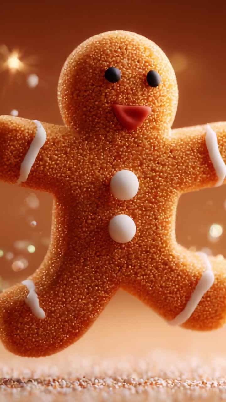 A Delightful Gingerbread Cookie Character Engagingly Caught in Motion Against a Dreamy Brown Background with Sparkling Highlights, Evoking Festive Cheer and Warm Holiday Spirit
