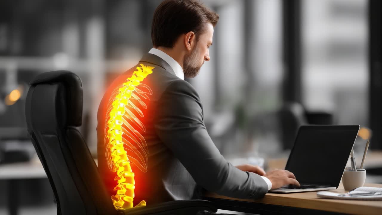 Visualizing Posture: A Man in a Suit Working on a Laptop While Illustrating Spine Health and Ergonomics in a Modern Office Environment