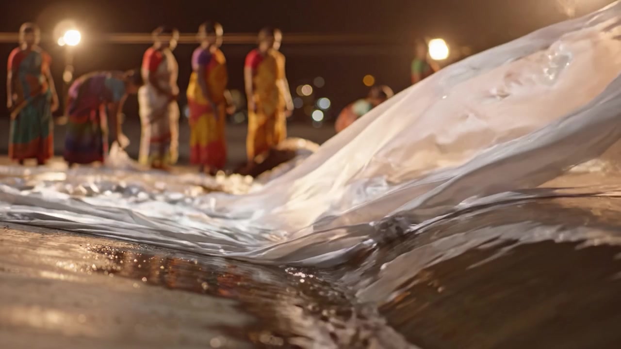 Drappeggi fluidi e riflessi: una bellissima scena notturna con tessuti vicino all'acqua e persone impegnate in attività tradizionali sotto le luci.