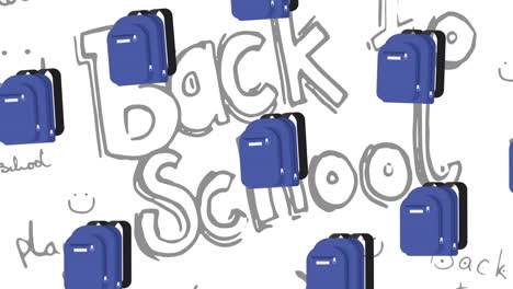 animation of rows of backpacks and books with back to school text on white background