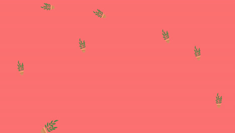 Animation-of-illustration-of-houseplants-in-yellow-and-brown-pots-falling-on-pink-background