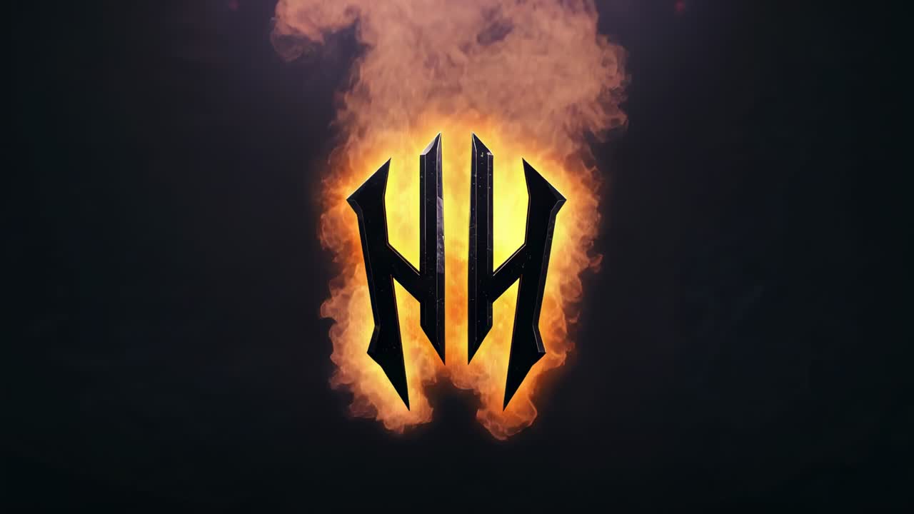 Emerging fire glow revealing metallic double-H emblem in dark digital studio with rising smoke