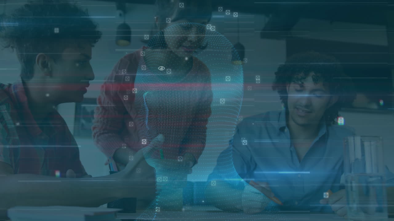 Diverse team collaborating on project with digital data processing animation overlay