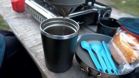 man preparing travel coffee maker 4k, hot water dripping