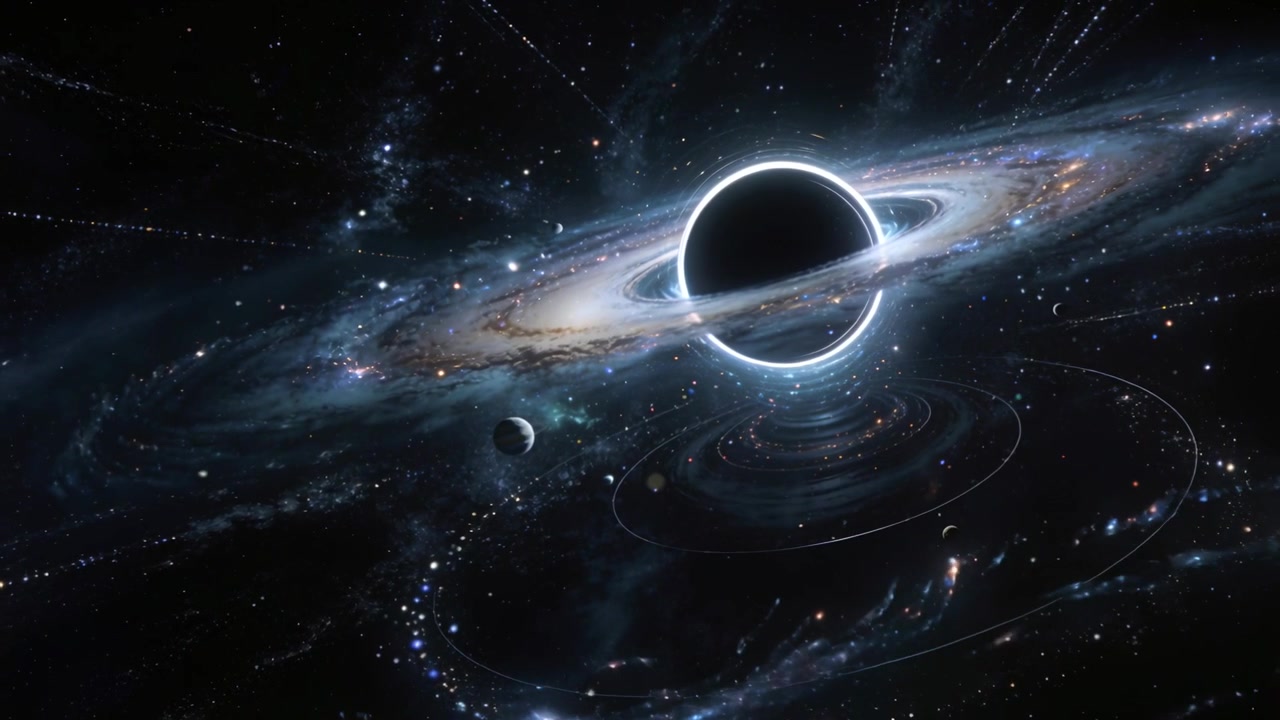 Pulling back camera revealing dark sphere's photon ring and accretion disk in deep space, planet