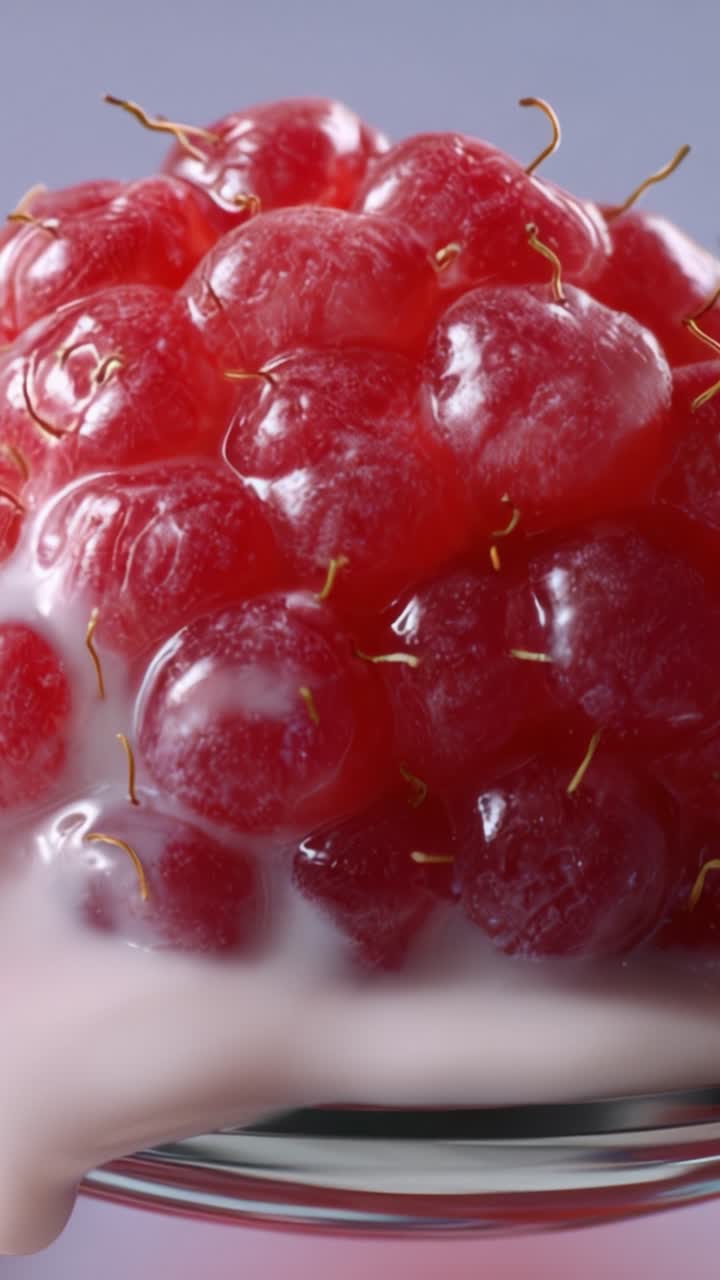 A Close-Up of Fresh Red Raspberries Glistening in Creamy Texture, Showcasing Their Juicy, Plump Appearance and Delicate Seed Detail in Natural Lighting