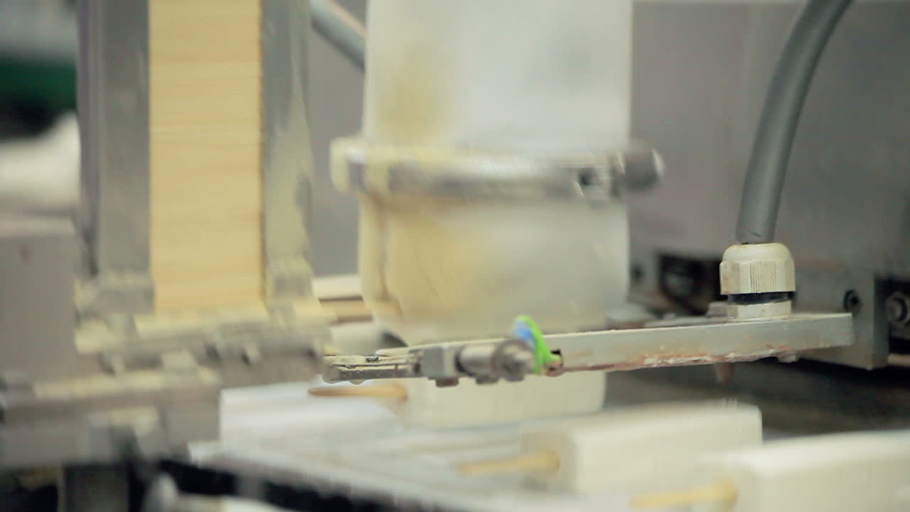 아이스크림 기계에 스틱을 넣는 노동자 손. 식품 생산 기술