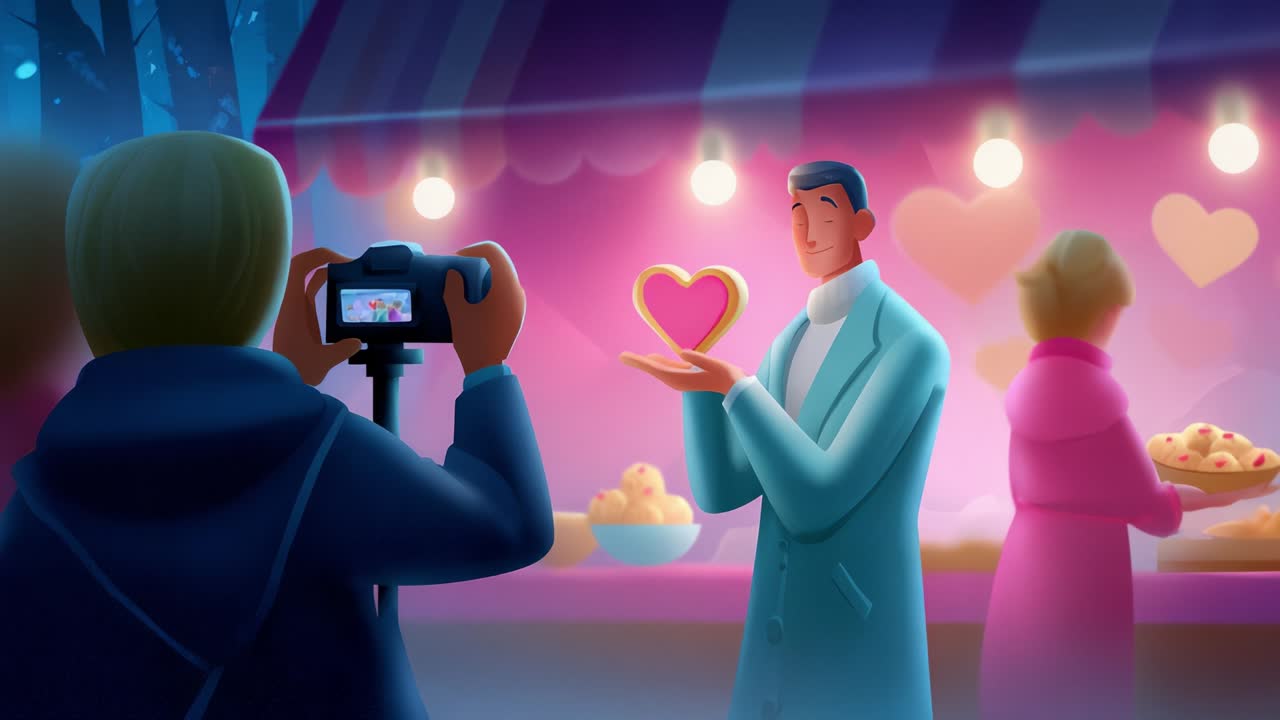 A Heartwarming Moment Captured: A Man Holding a Heart-Shaped Treat While a Photographer and a Woman Enjoy Sweet Delights at a Colorful Market with Festive Lights and Heart Decorations