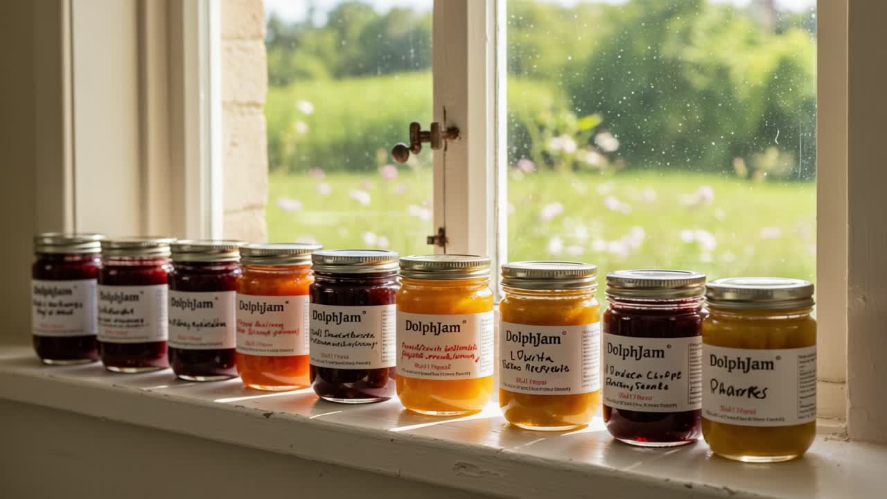 Colorful Array of Homemade Jams Displayed on a Windowsill, Showcasing a Variety of Flavors from Various Fruits in a Charming Rustic Setting