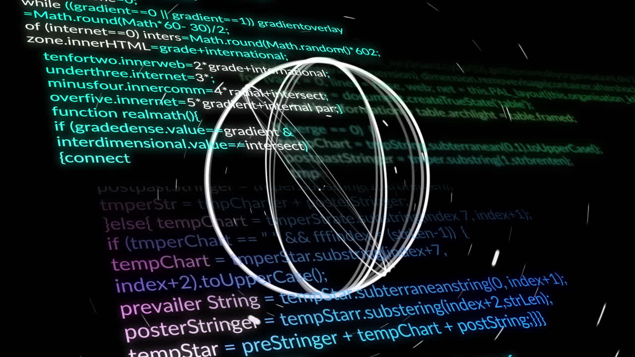 Animation of moving circles over computer language against black background
