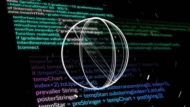 Animation of moving circles over computer language against black background