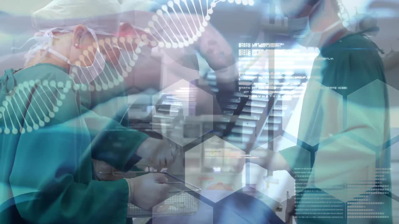 외과 의사 들 을 통해 키보드 에 입력 하는 사람 과 dna 가닥 의 애니메이션