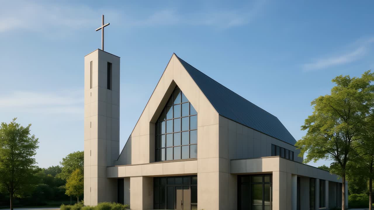 Esterno di una chiesa moderna con un'alta croce, ripreso dal basso