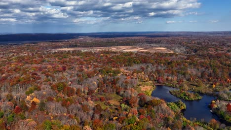 an aerial view high up over colorful trees and a lake on a sunny day in new jersey on s sunny day